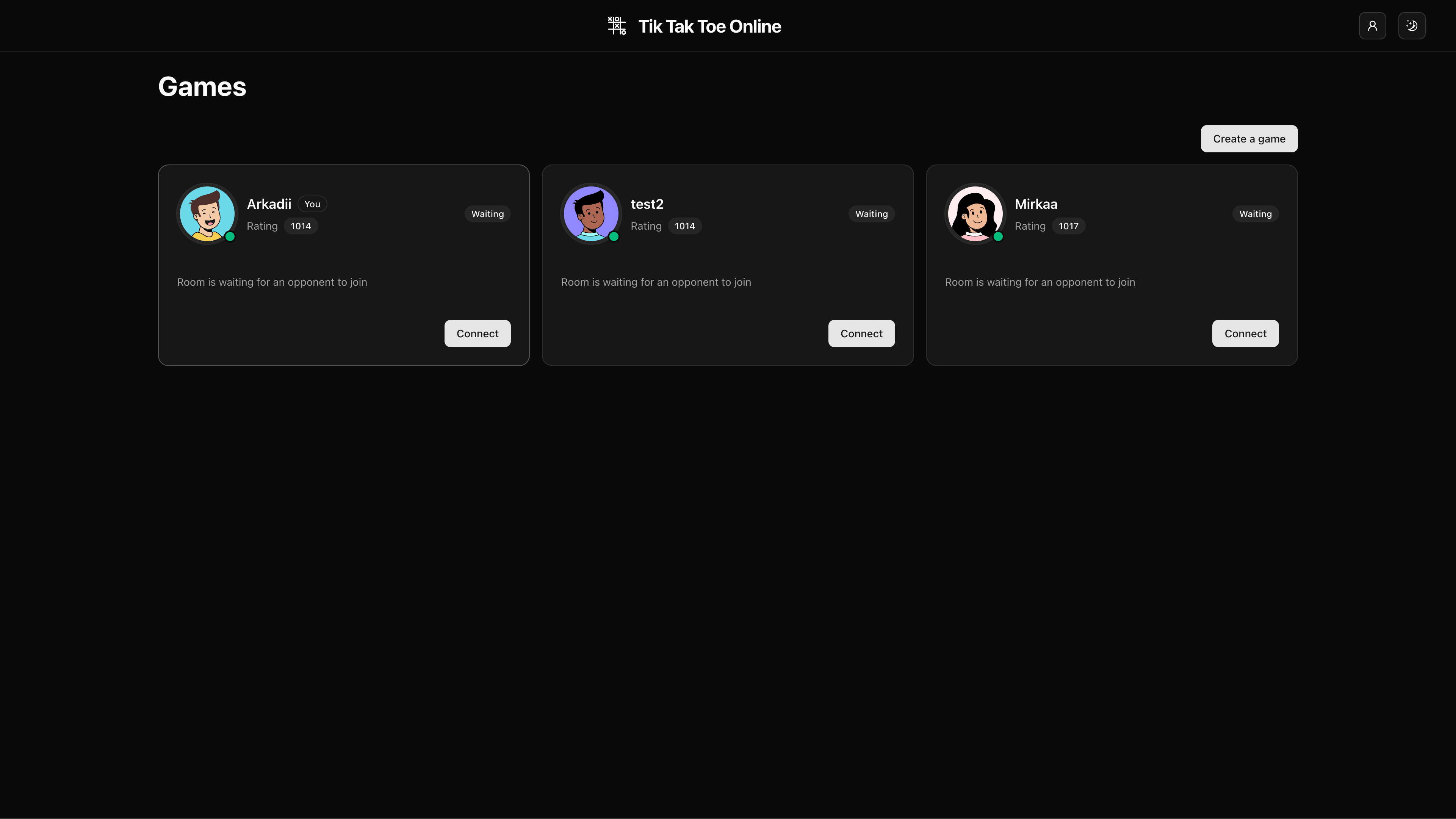 Page with all available games waiting for a second player