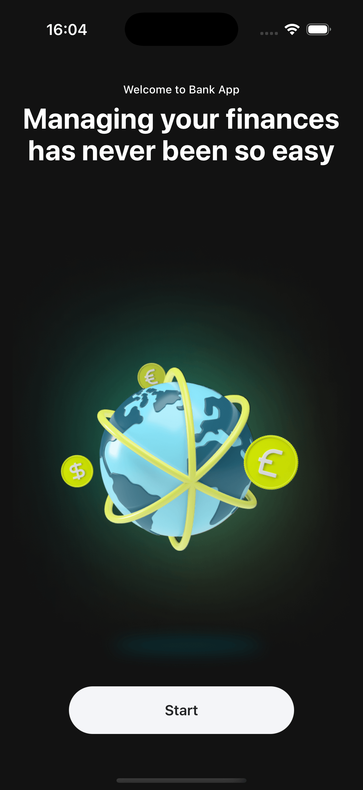 Bank app onboarding start screen