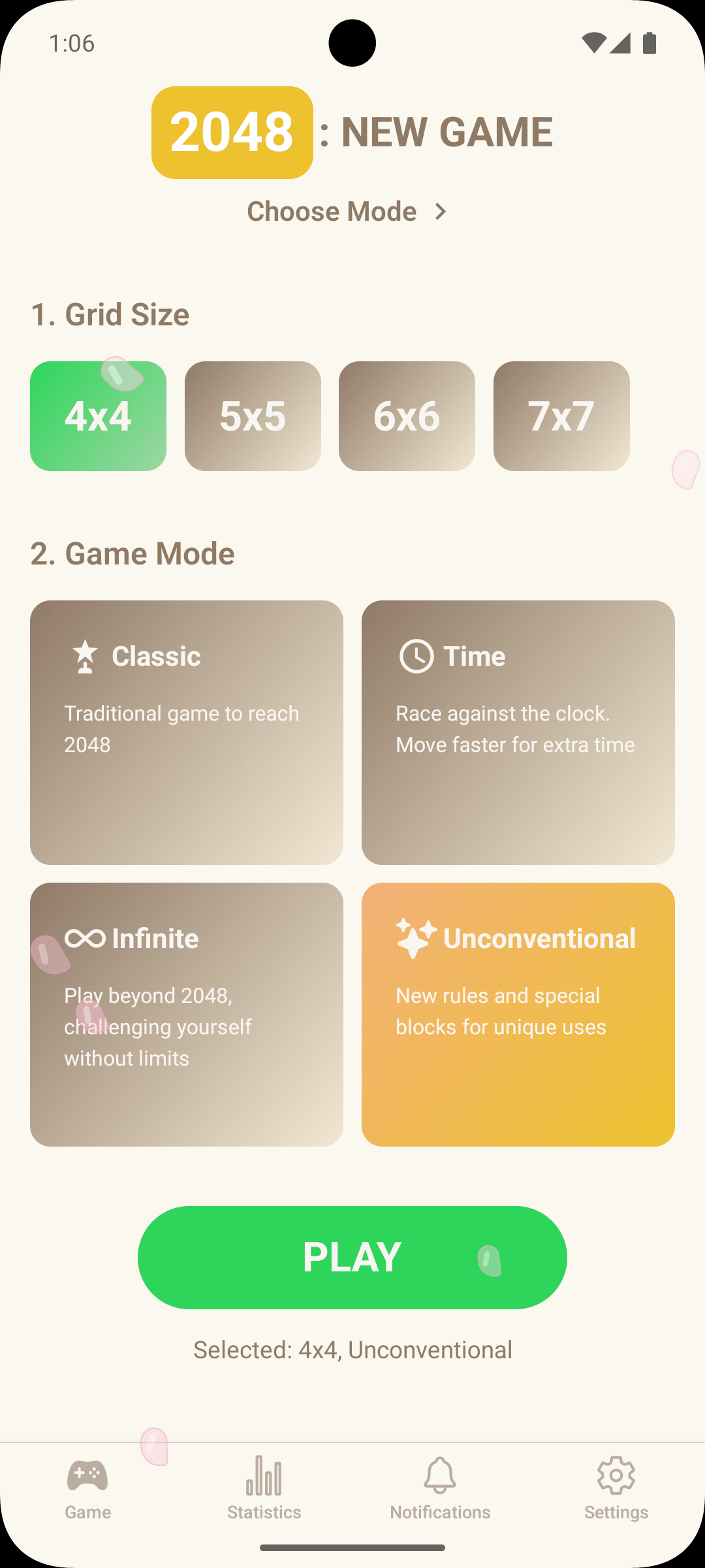 Game mode and board size selection screen with different gameplay options