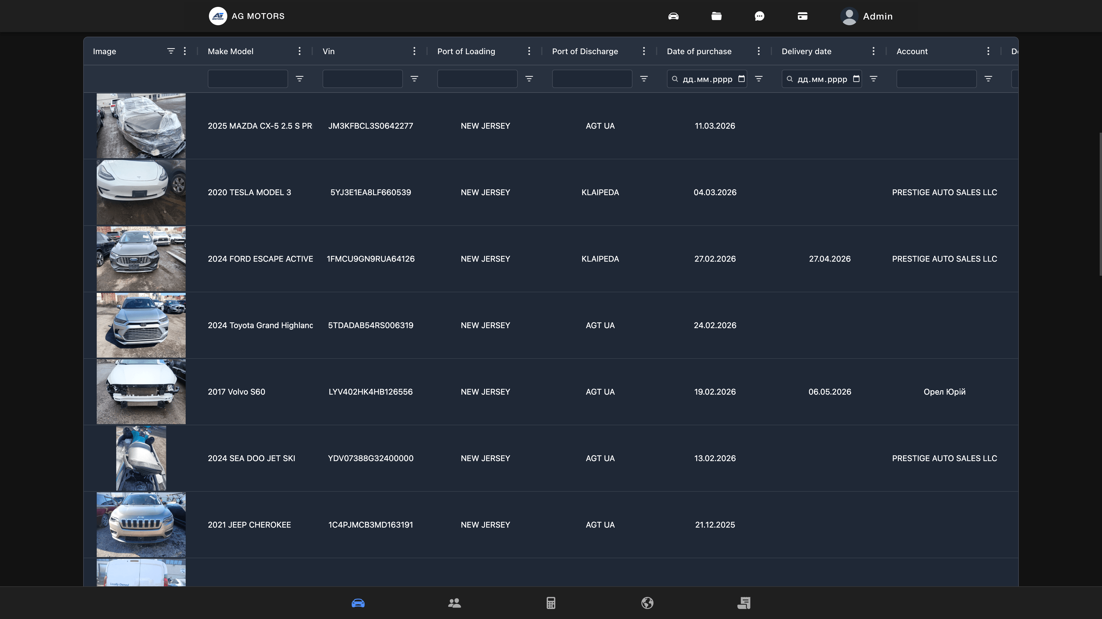 Customer vehicle list showing all cars with statuses, prices, expenses and key logistics data