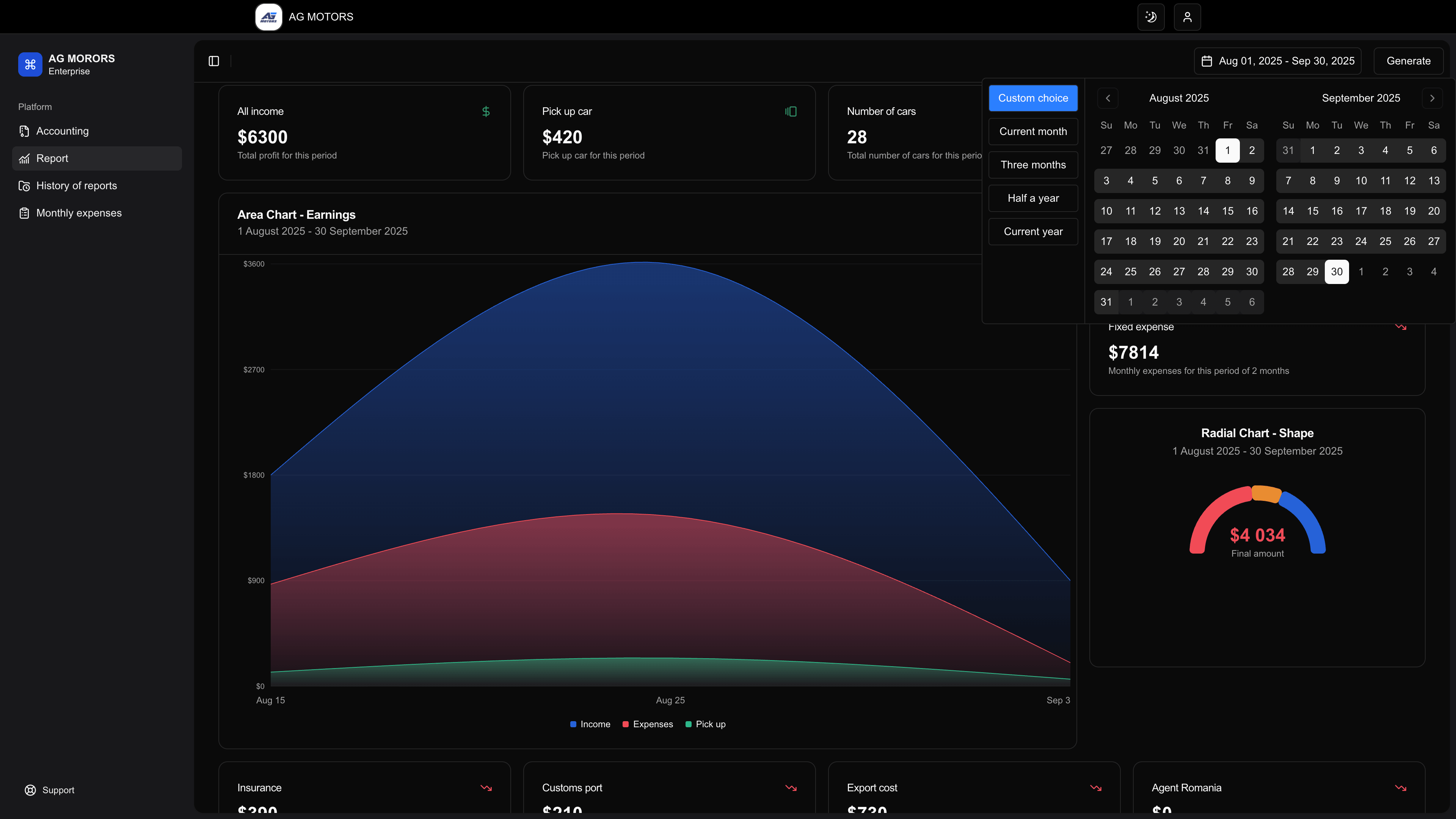 Report generation interface with date range selection for building custom financial reports
