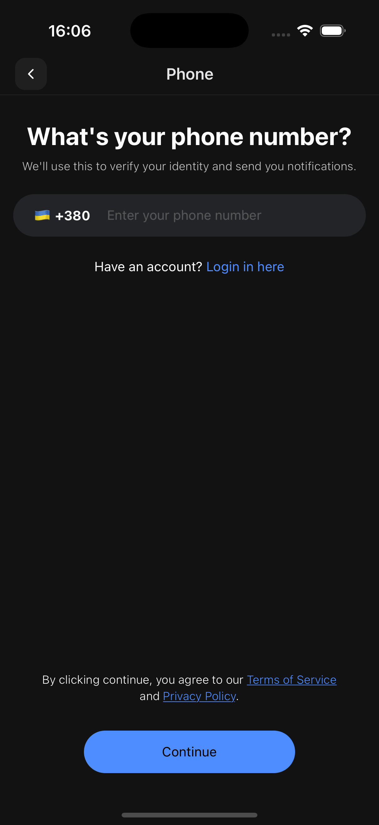Phone number input and verification screen