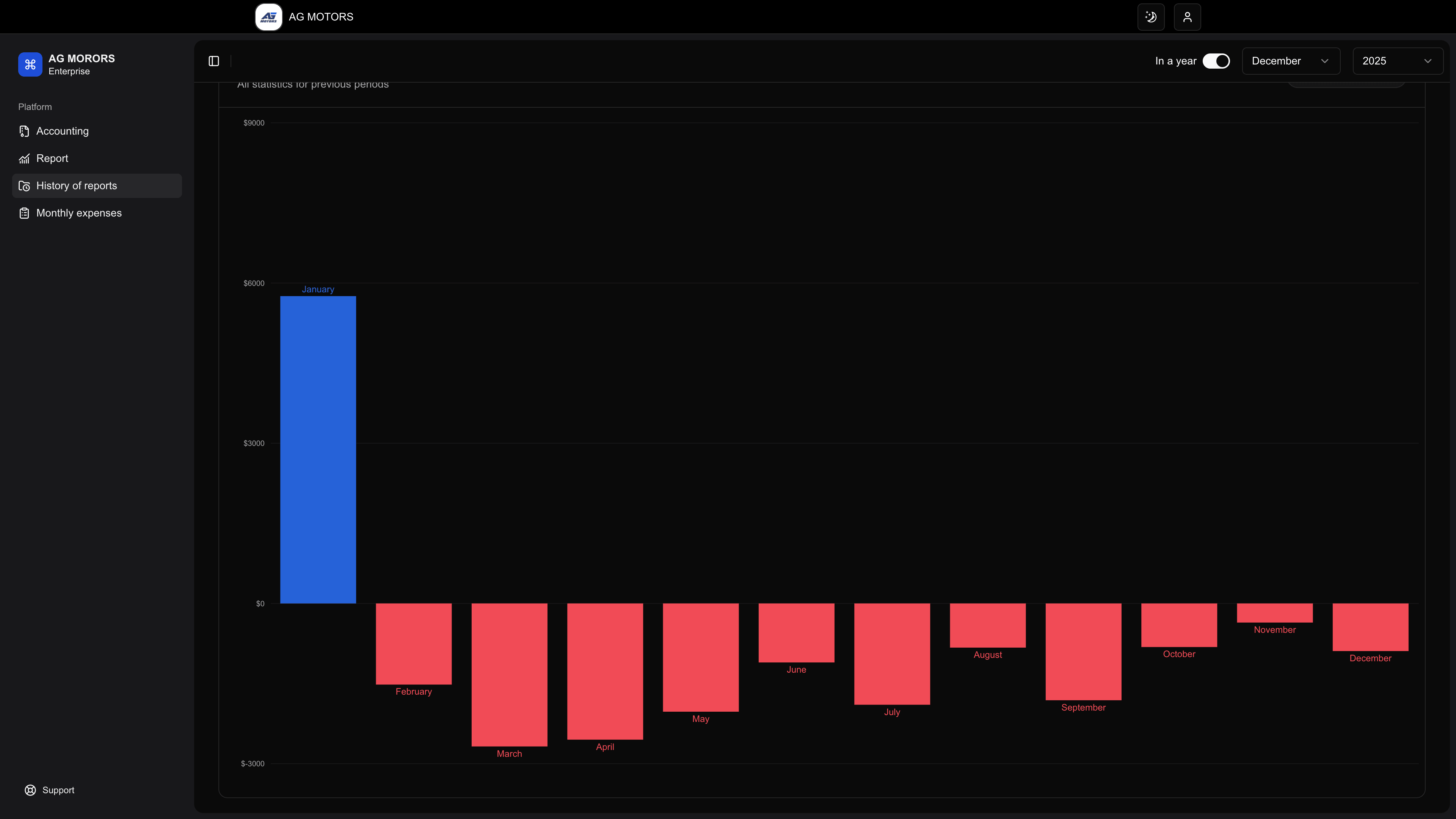 Yearly reports history page with archived financial reports and analytics