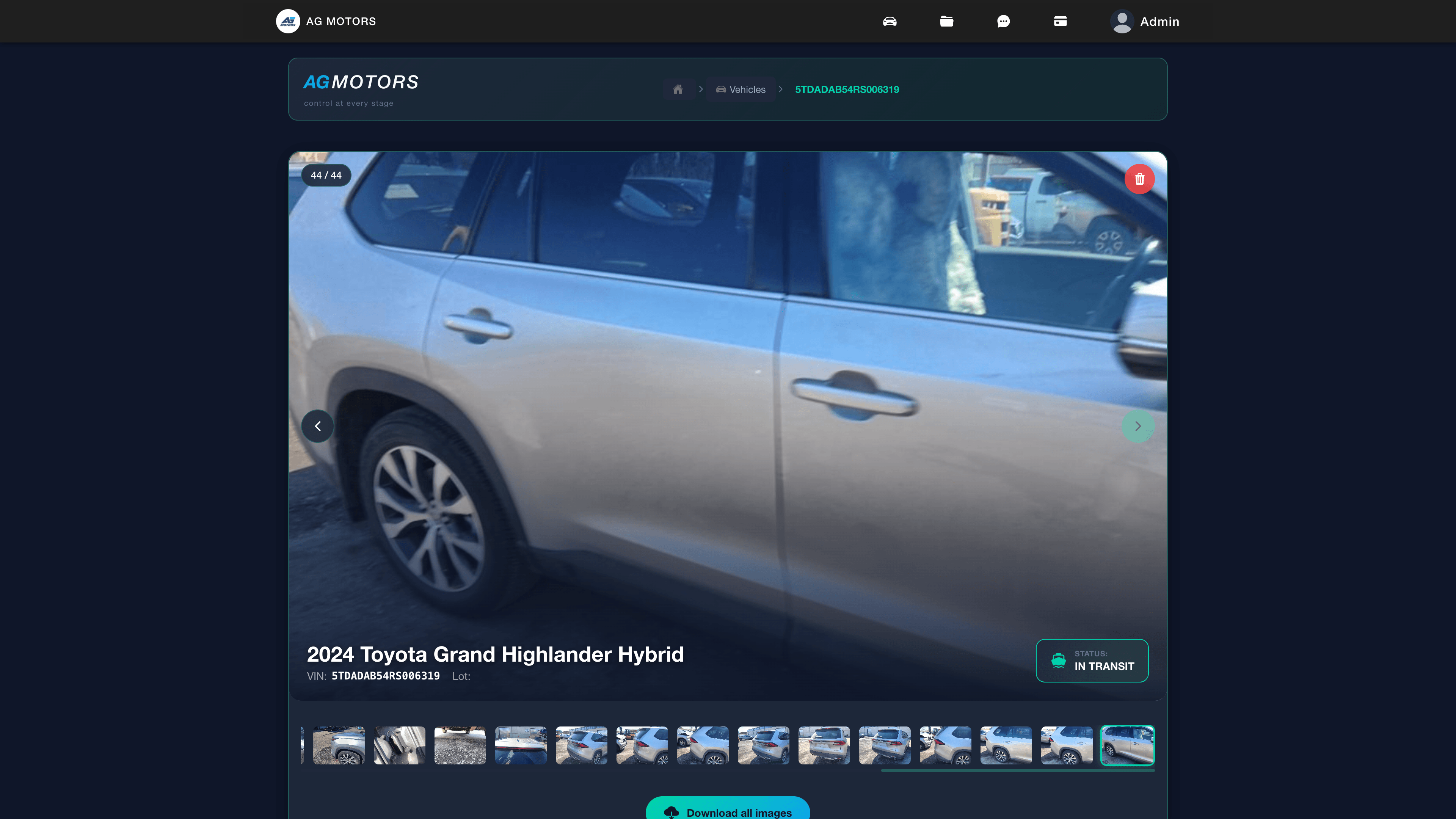 Detailed vehicle page with auction information, delivery status, pricing and payment details