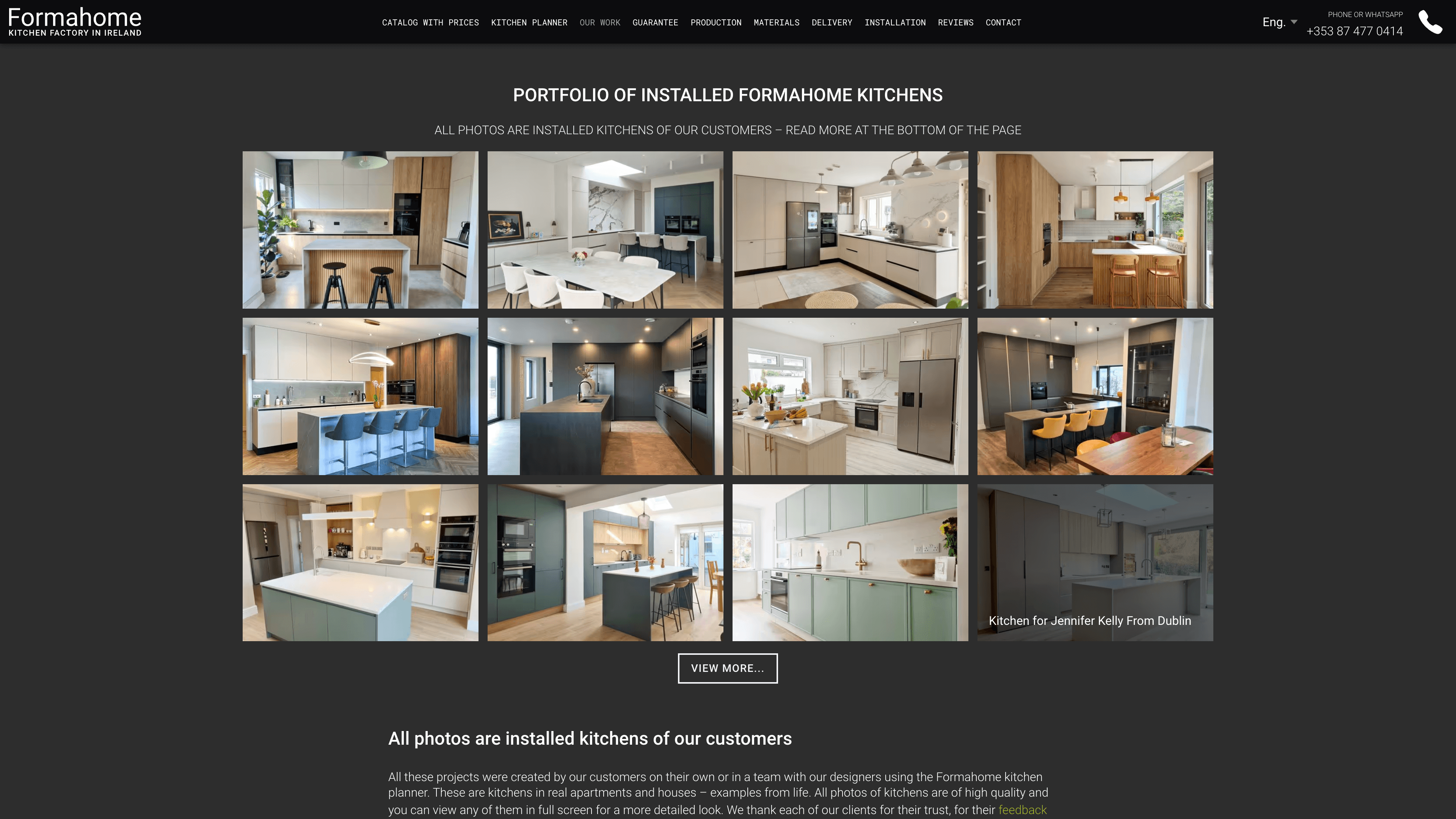 Portfolio page with completed kitchen projects and real-life implementations