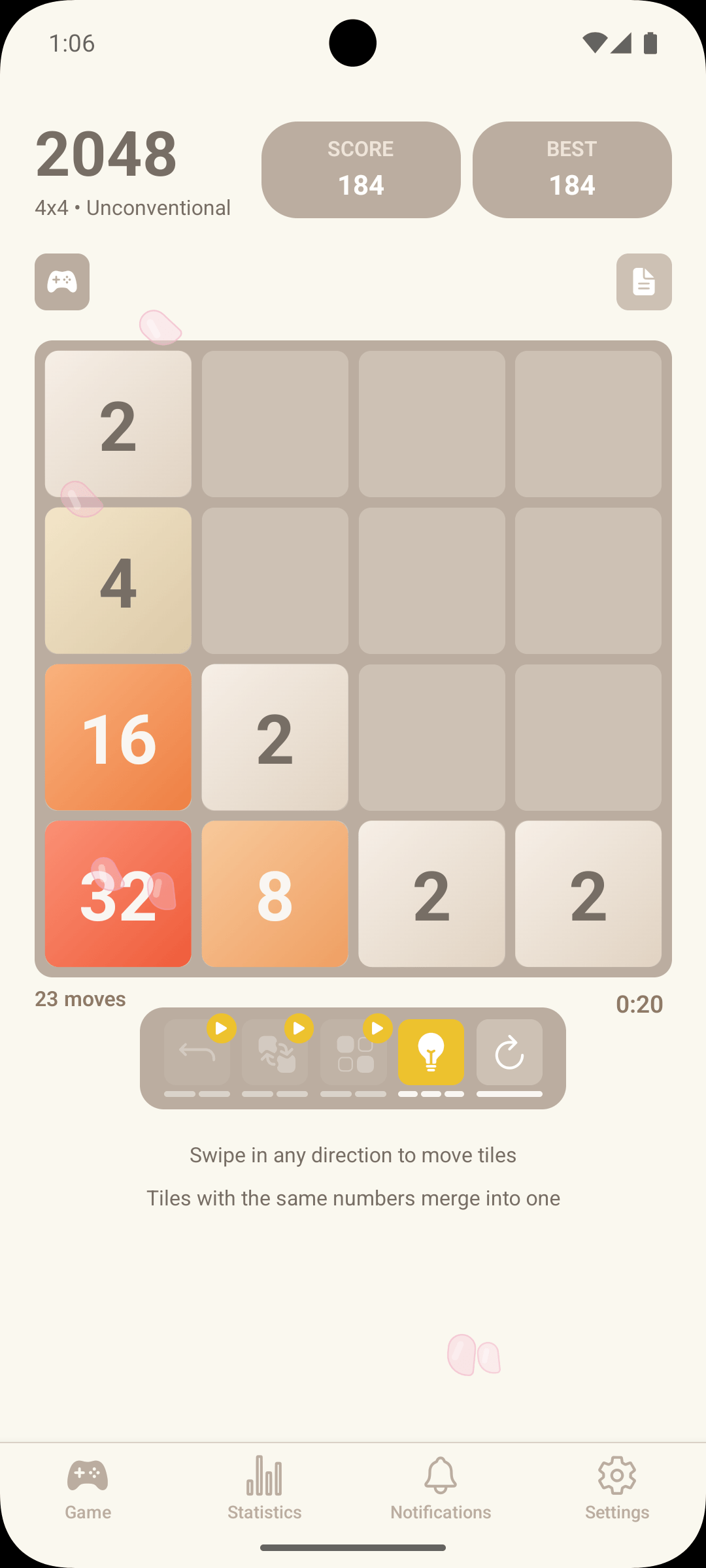 Main gameplay screen of the 2048 mobile game with active board and score