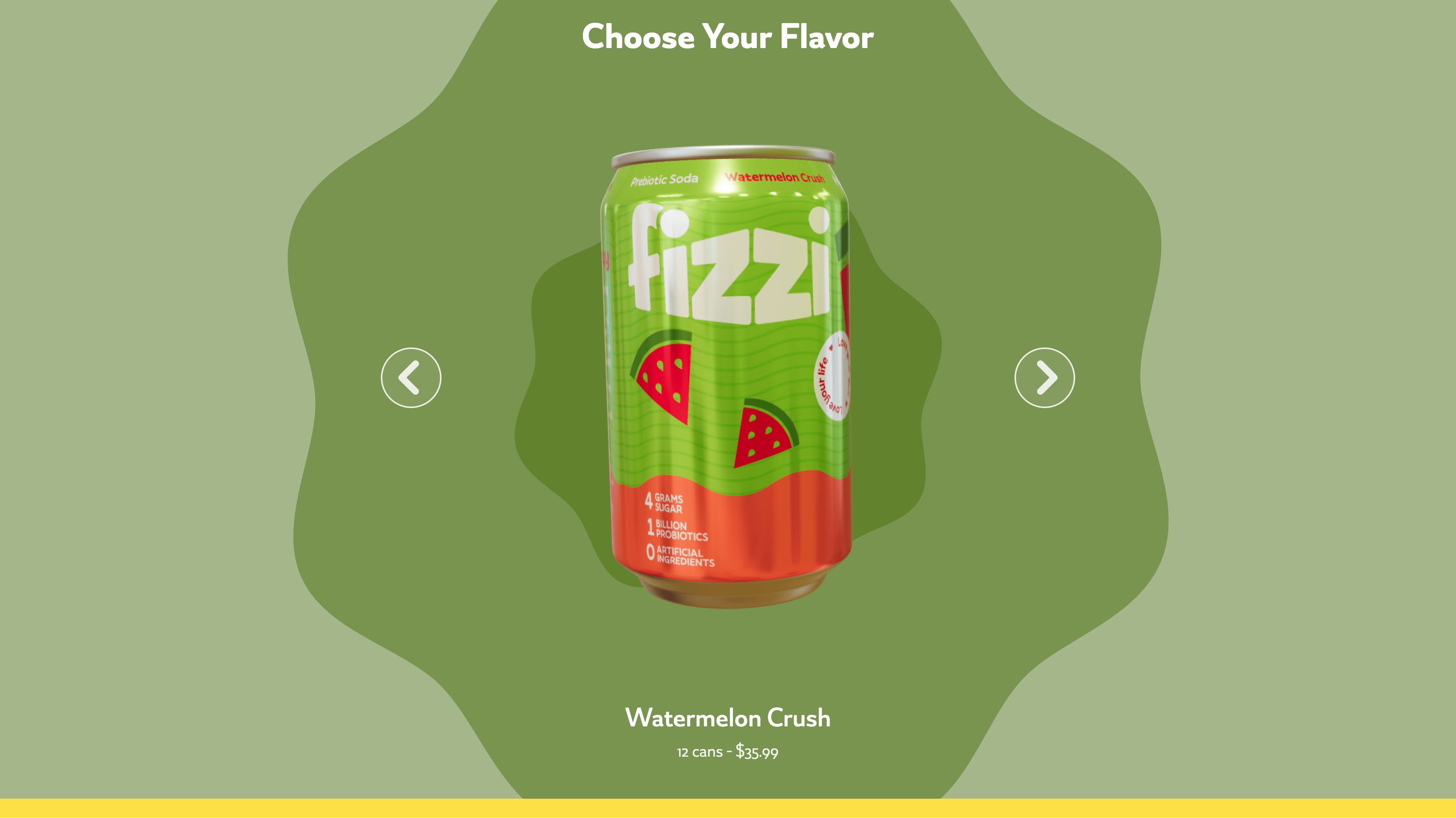 Carousel of soda flavors with 3D cans and pricing