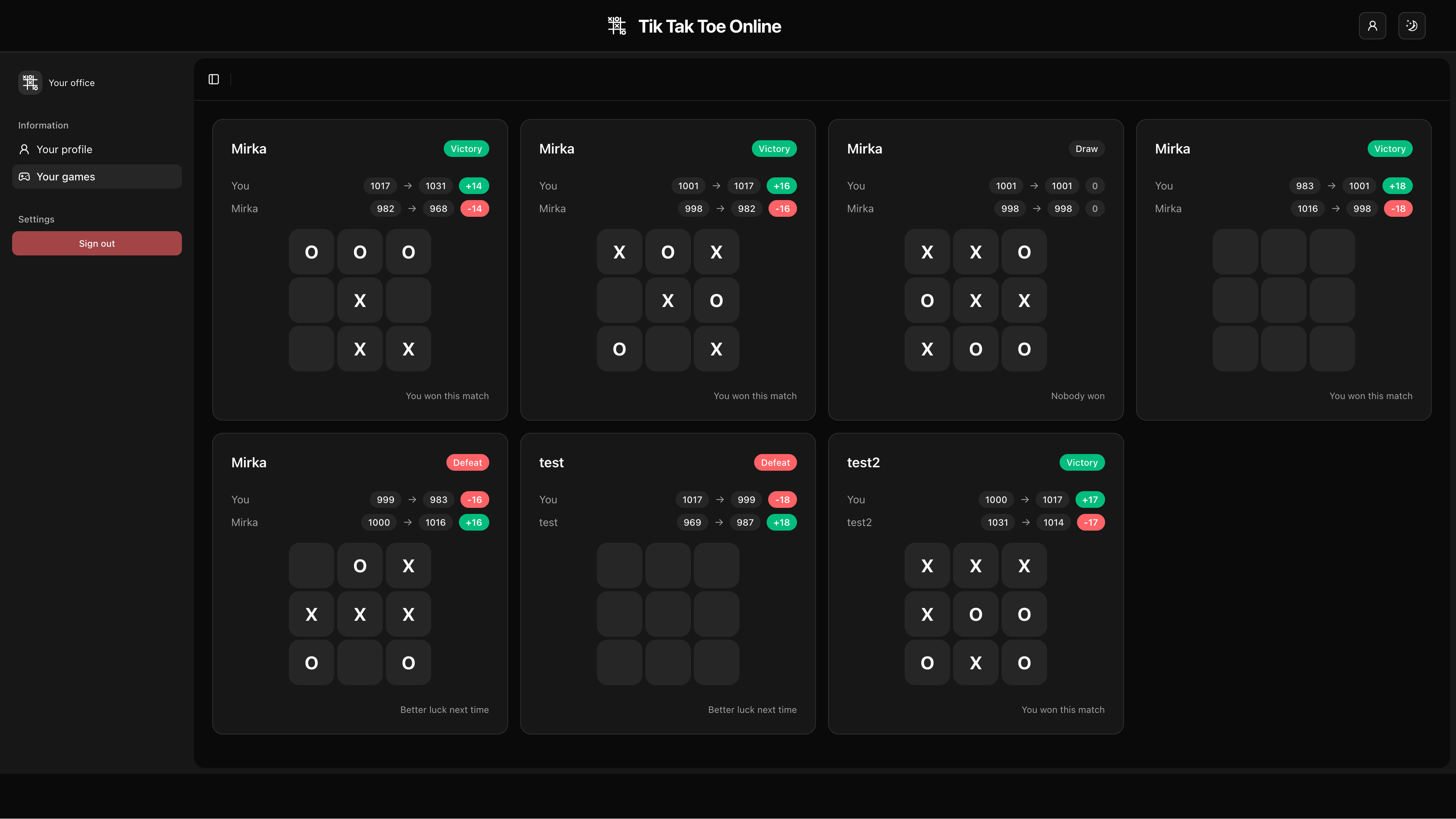 Player match history page