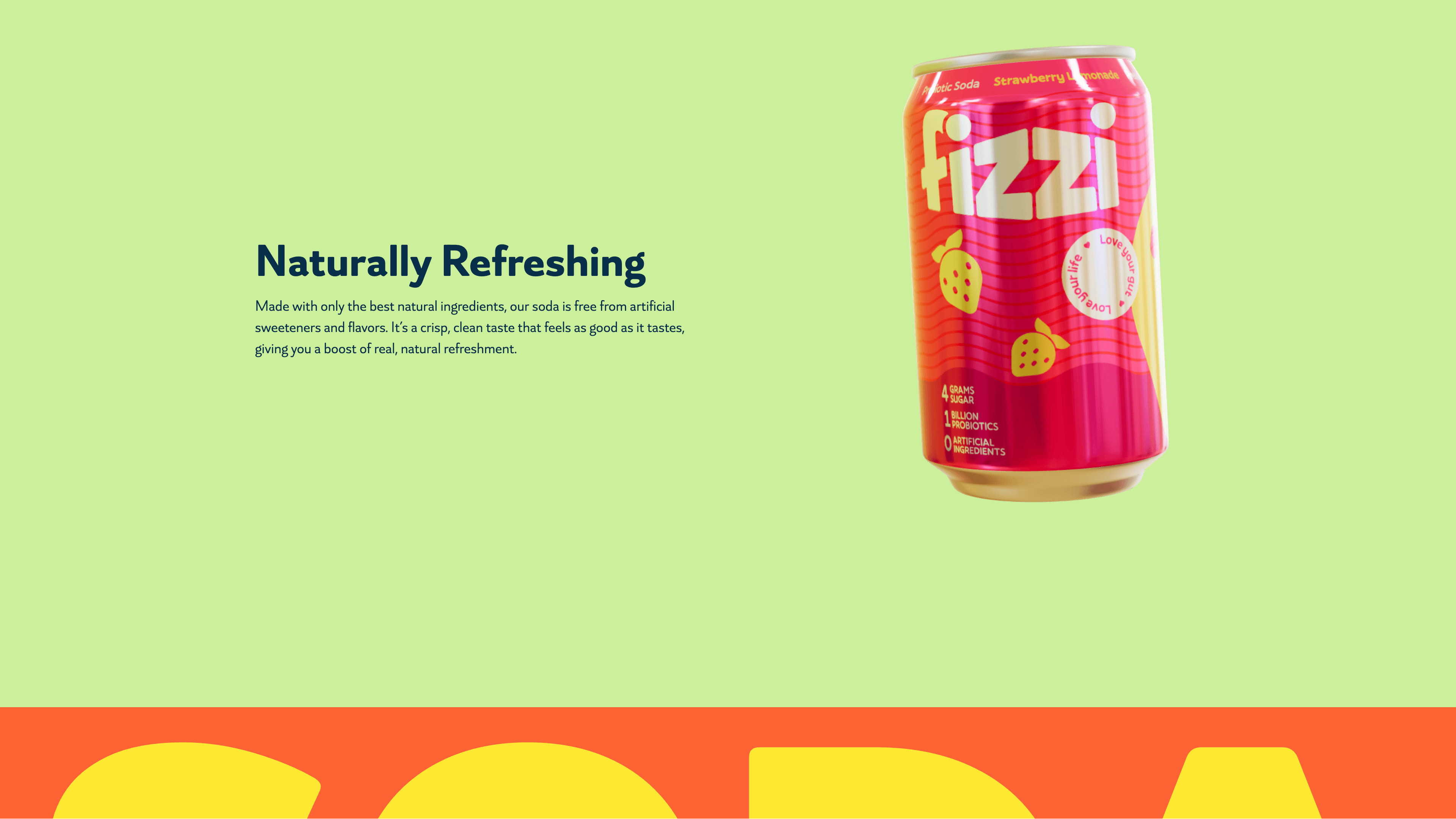Final section with text and 3D soda can background