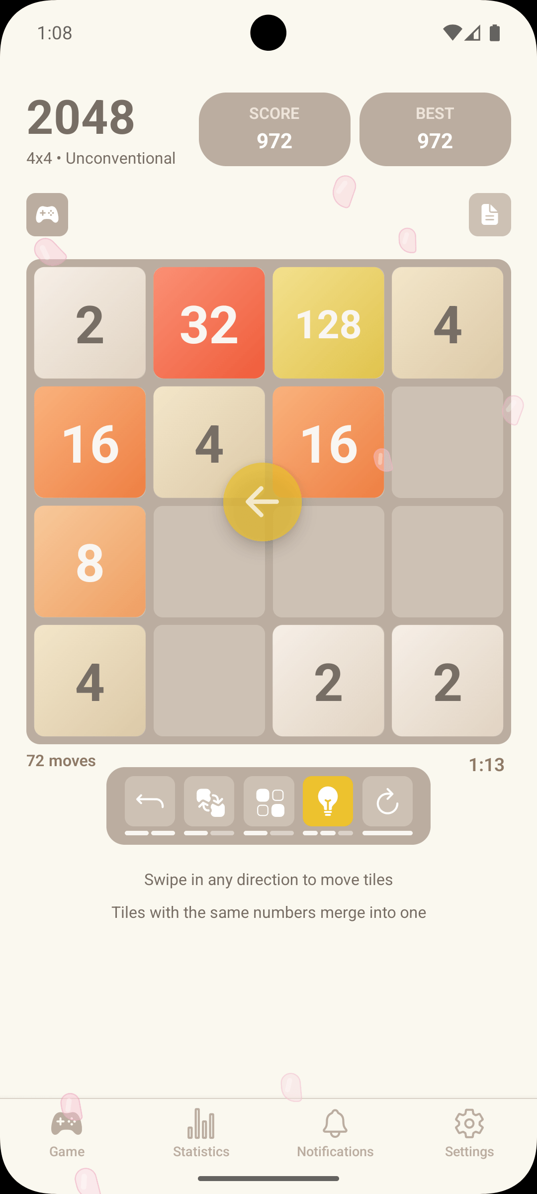 Gameplay using hint ability to suggest the best move in 2048