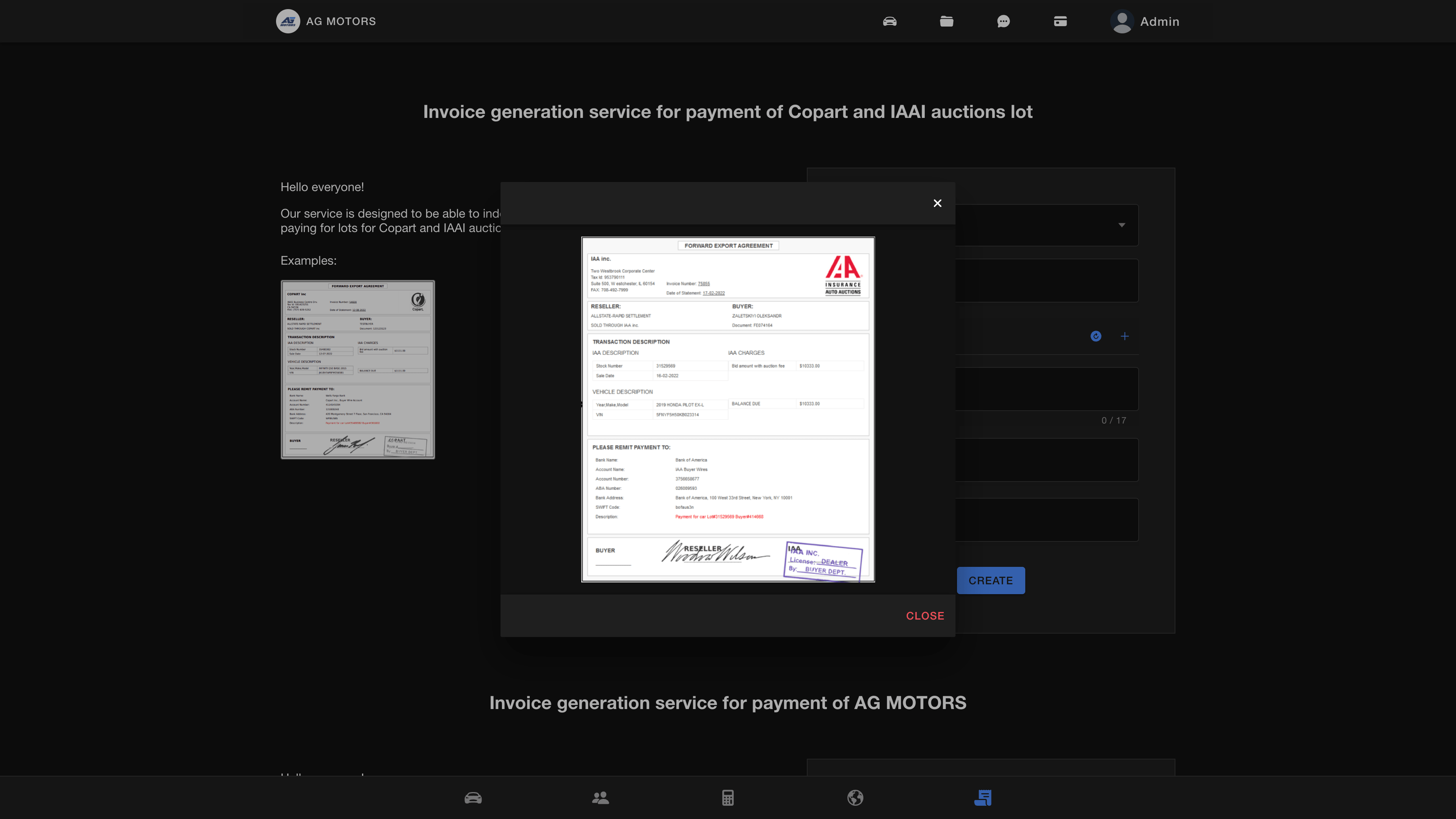 Generated IAA auction invoice exported to PDF for client documentation and payment workflows