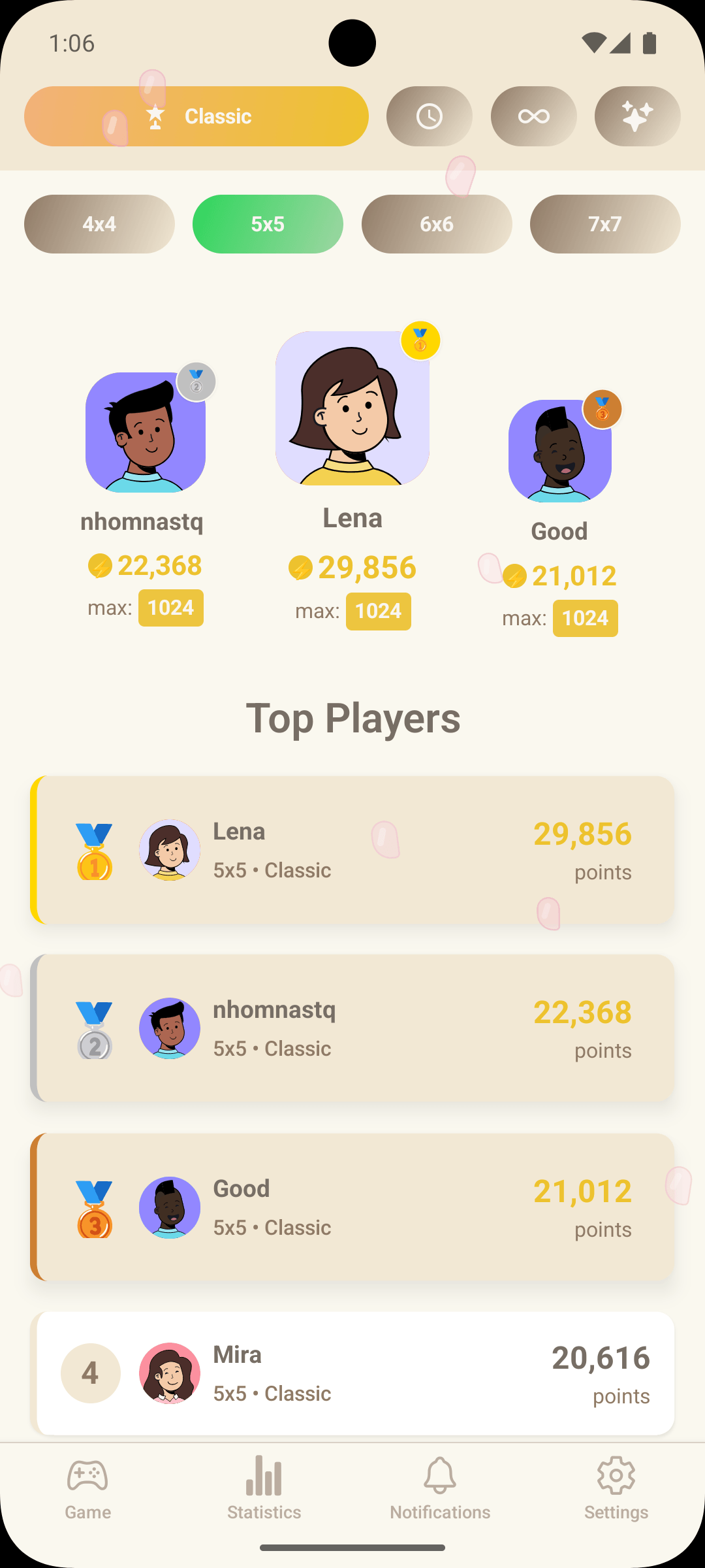 Global leaderboard screen showing player rankings and high scores