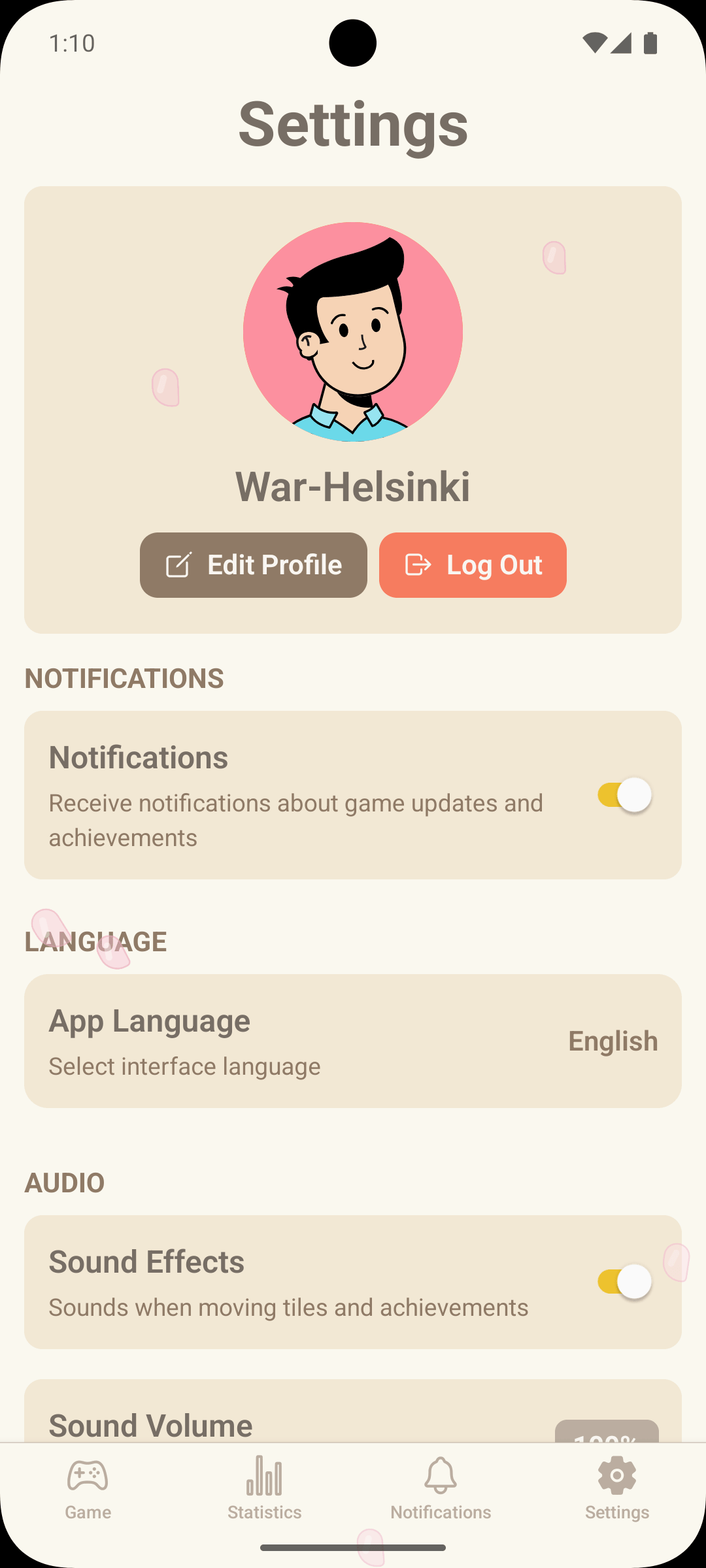 Game settings screen with customization and configuration options