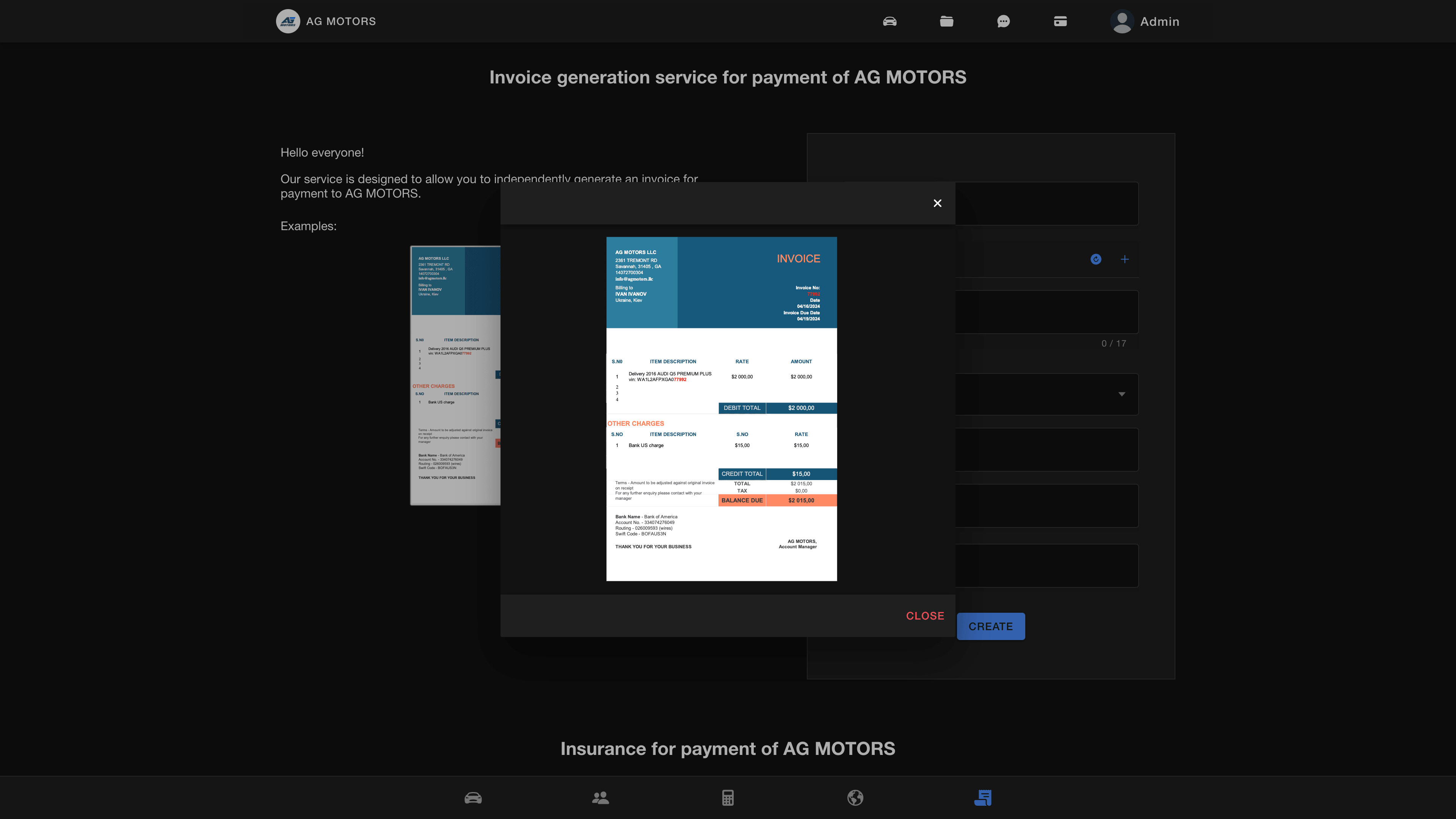 Generated AG Motors shipping invoice for delivery payment and service billing
