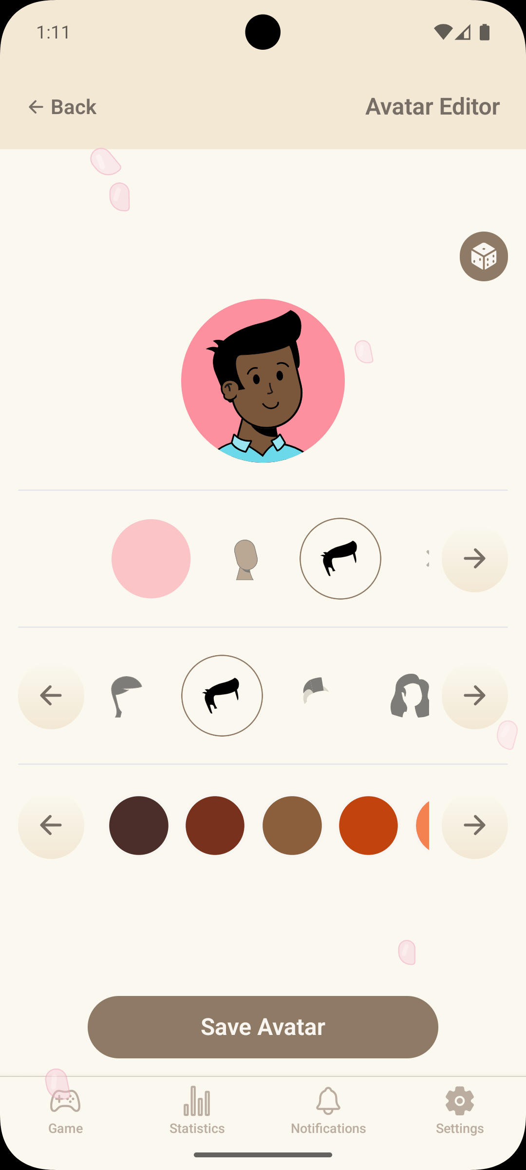 Avatar customization screen where player can change profile image