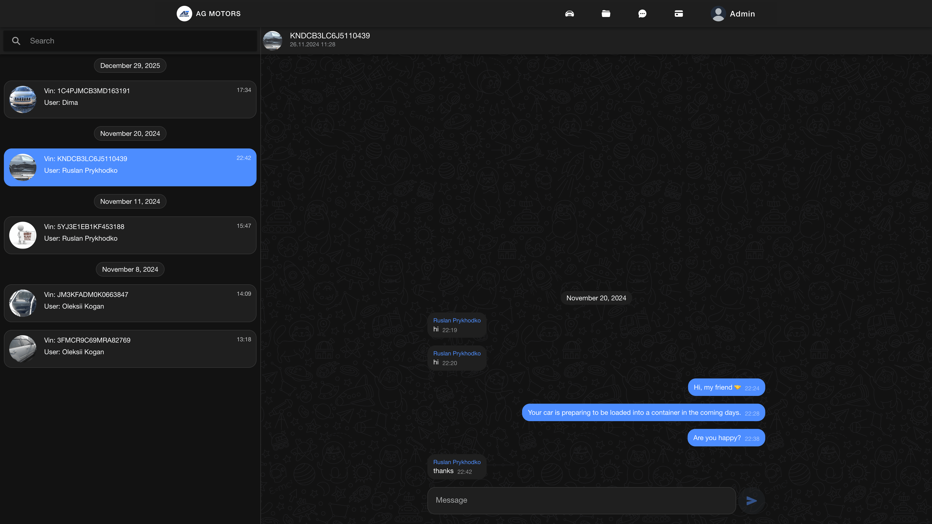 In-app chat for communication about a specific vehicle inside the client platform